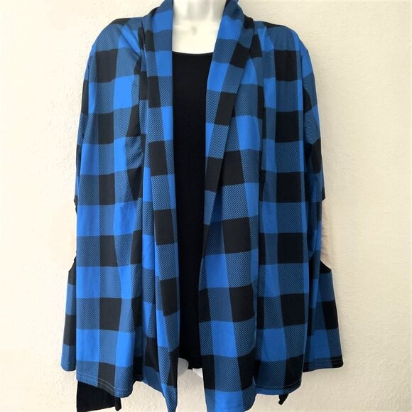 BLUE PLAID COLORBLOCK ELBOW PATCH CARDIGAN GUC - Picture 2 of 11